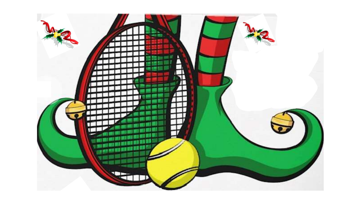 graphic, Santa's elf feet with tennis racquet and tennis ball
